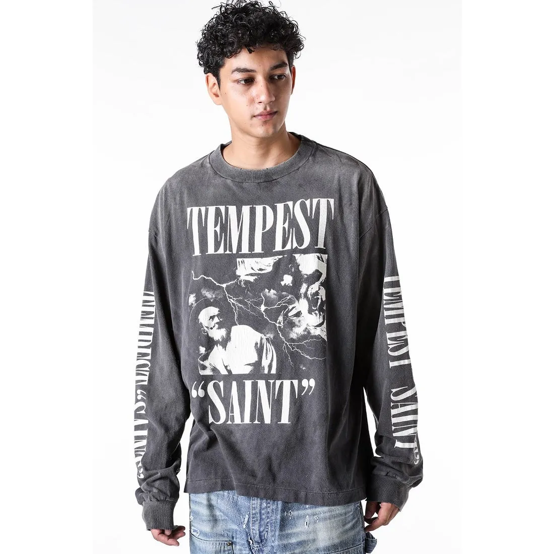 SAINT Mxxxxxx LS TEE/TEMPEST/BLK 'TEMPEST SAINT' Storm Religious Saints Cracked Retro Vulcanized Heavy Wash Long Sleeves Washed Black S-XL Assute Dyeing Multi-bit Horse Fading Craftsmanship Grinding and Hanging Holes Full of Old Feeling Top Printing Craftsmanship Purchasing Level